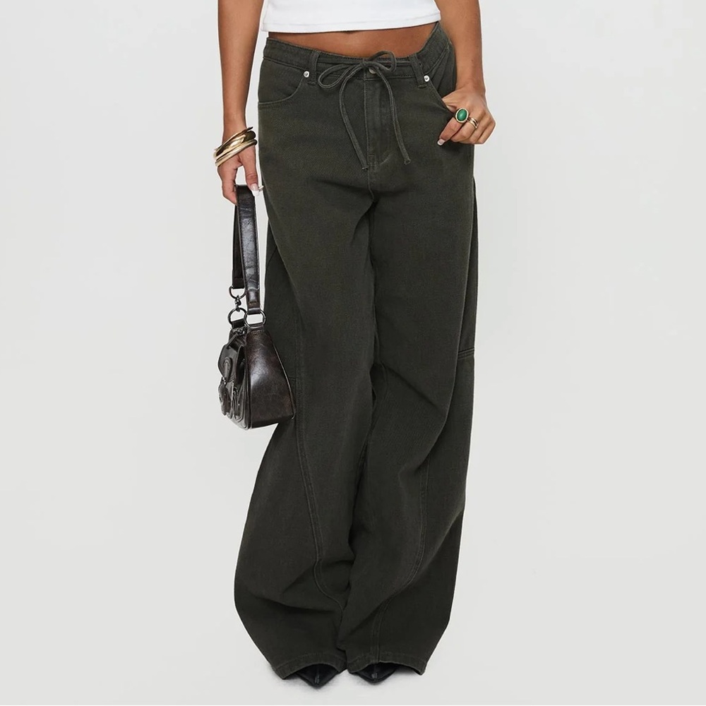 Princess Polly Bruiser Tie Waist Mid Rise Wide Leg Jeans Green-Brown